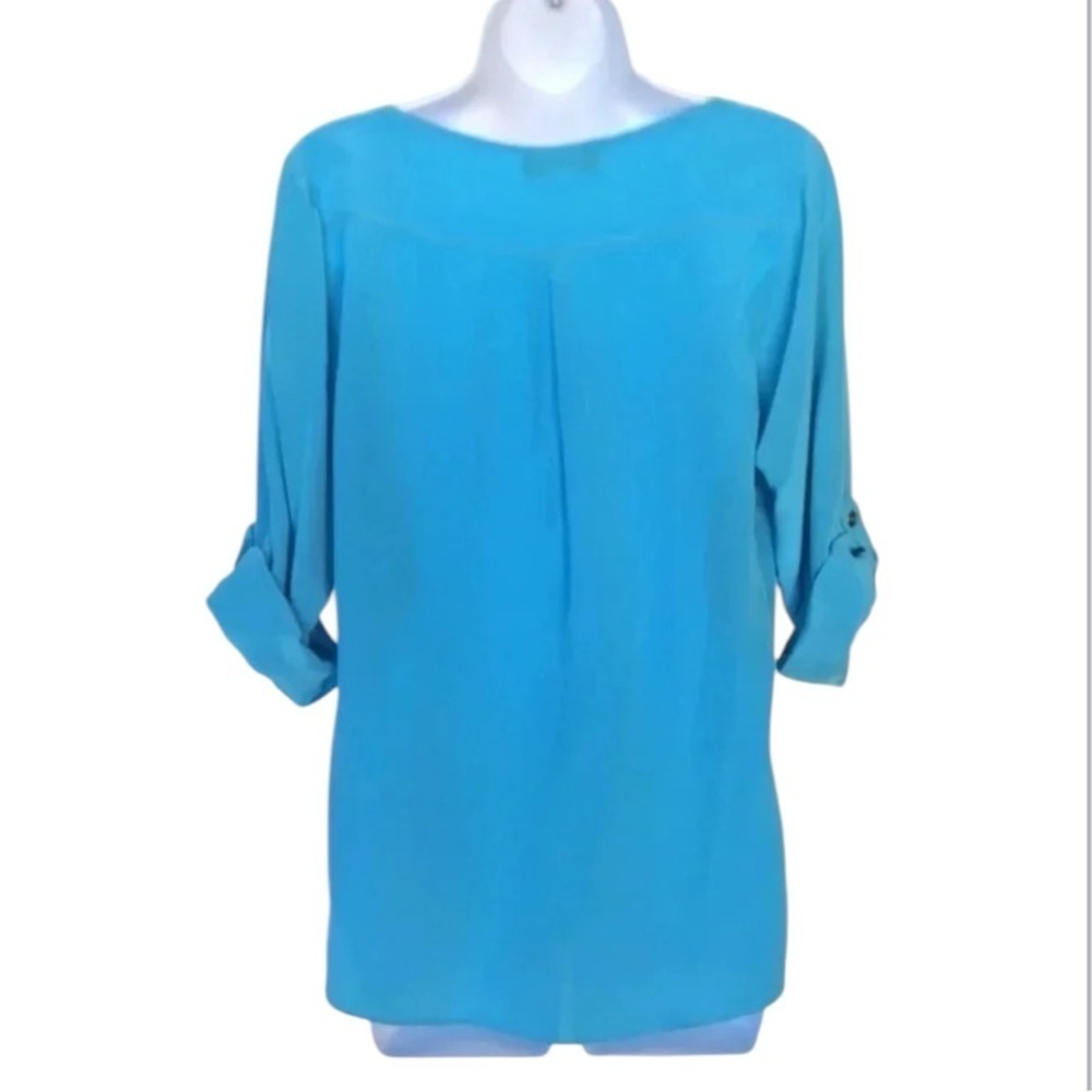 Amanda Uprichard blue silk blouse boat neck tan sleeves hi low hem Size S - Picture 5 of 9